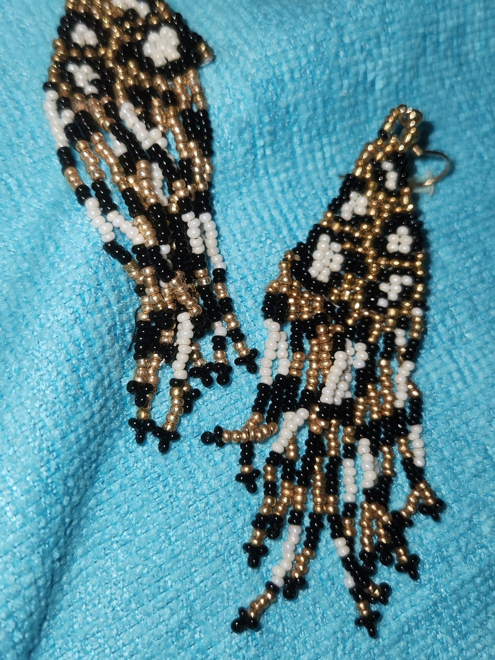 Handmade Black, White & Gold Beaded Fringe Earrings. See Flaw